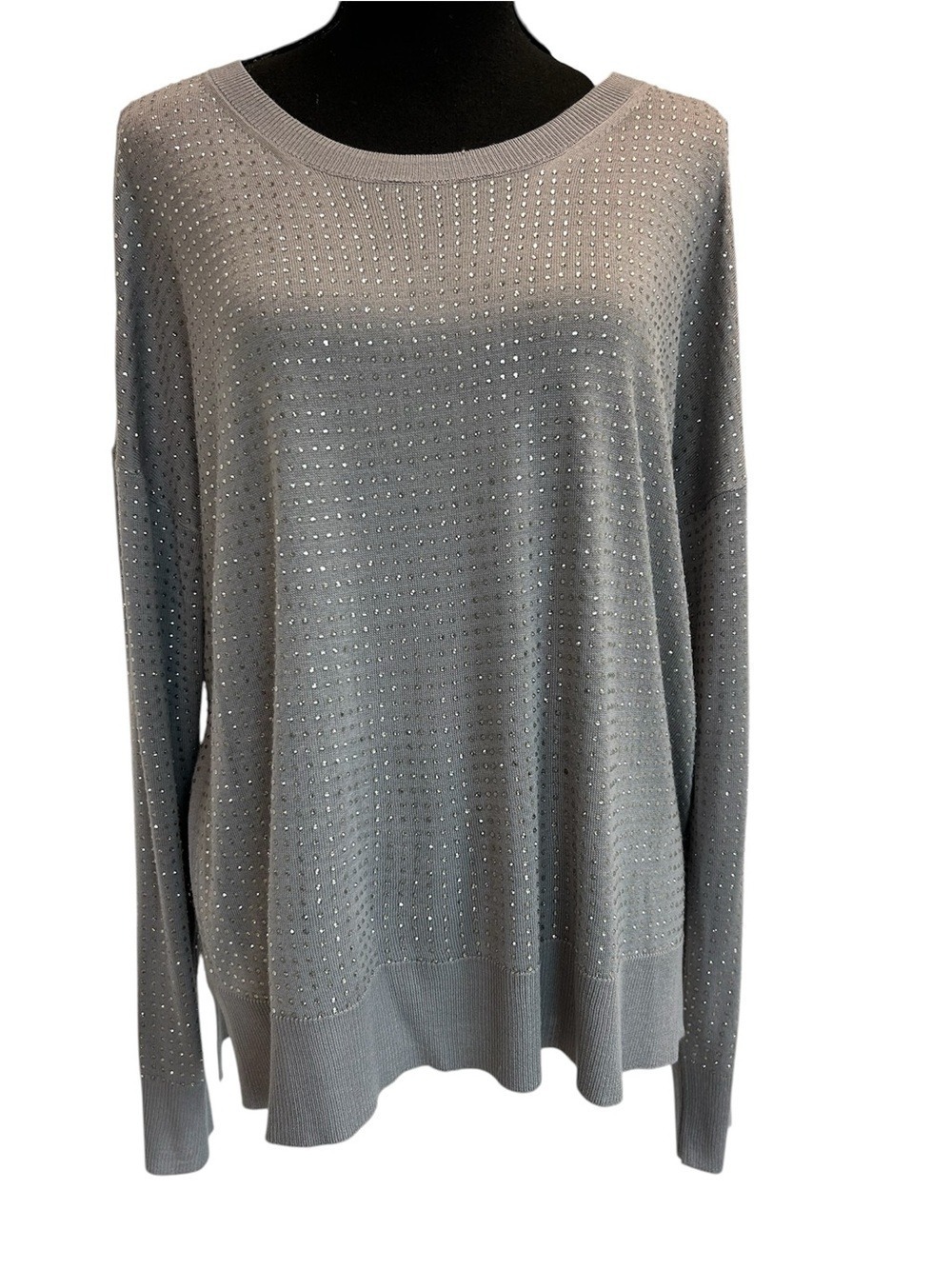 Zara fine-knit grey sweater features all-over rhinestone embellishments L NWOT